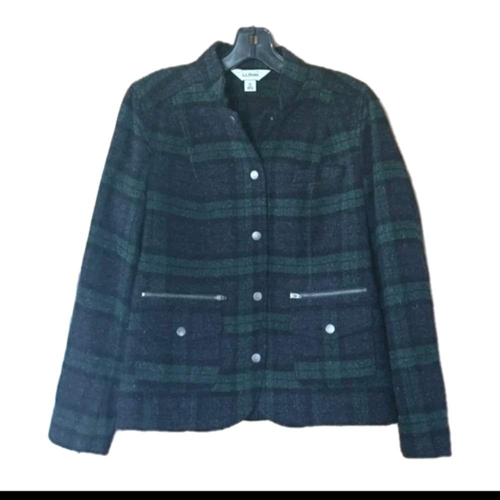 L.L. Bean Women's Green & Navy Tweed Wool Blend Snap Front Lined Jacket SZ XS